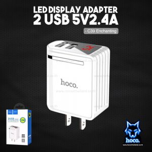 Adapter ชาร์จไฟ USB 2 ช่อง ดีไซน์ทันสมัยพร้อมจอ LED แสดงสถานะการใช้งาน 2.4A Hoco C39 สีขาว